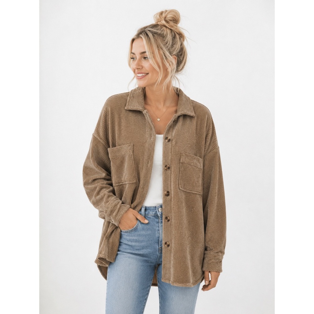 12th Tribe Brown Corduroy Shacket Women's Large Oversized Button Front Jacket